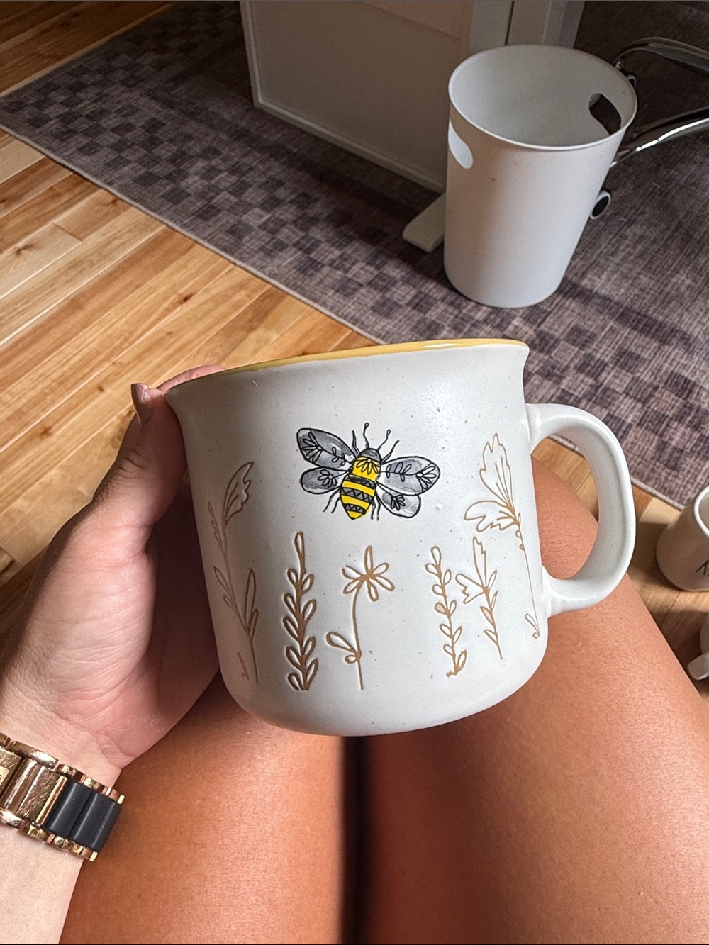 Cream Ceramic Bee Mug with Yellow Rim